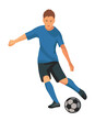 © ivnas - Teenage figure of playing football boy in blue uniform dribbling the ball on the field and going to kick a ball on a white background