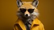 A trendy squirrel flaunts a streetwear-inspired outfit, complete with a hoodie and stylish sunglasses. Against a solid yellow background, the high-definition image captures its modern
