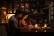 © Oleg - romantic couple enjoying candlelit dinner at home, celebrating wedding anniversary in cozy kitchen