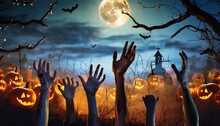 Halloween Night Background Of Numerous Scary Zombie Hands Risen Up