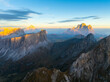 Sunset in Giau Pass, Dolomites, Italy. Aerial view. 