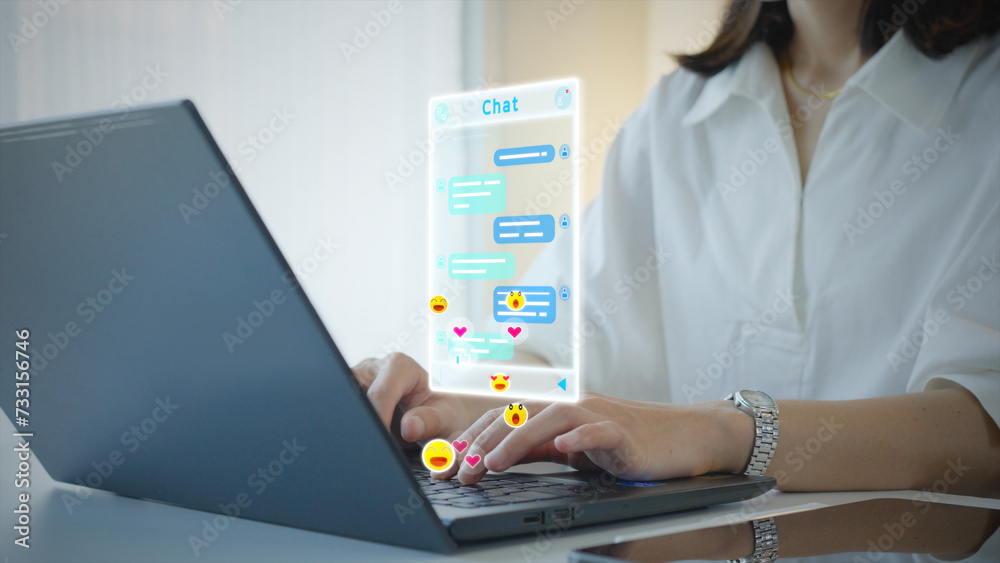 Woman using computer type text conversation chat online social media ...