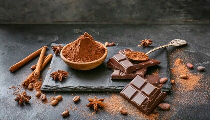 Wall Mural - composition with cocoa powder and chocolate on dark background