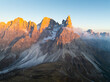 Aerial view of Pale di San Martino at sunset. Dolomites, Italy.