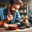 Happy man feeding his cat at home. Domestic life with pet