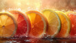 A highly detailed image of a vibrant citrus medley close-up, featuring slices of oranges, lemons.