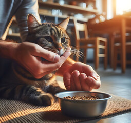 Close-up of the man's hands while feeding his cat at home.