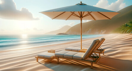 Poster - Serene beach setup with sun loungers and umbrella at sunset. Relaxation and travel concept Generative AI
