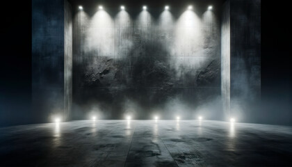 Wall Mural - Spotlit dark textured wall in an empty space. Dramatic atmosphere concept. Generative AI