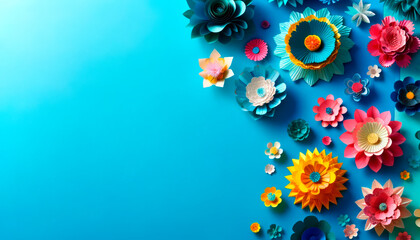 Poster - Colorful 3D paper flowers on a teal backdrop, creative art and design concept. Generative AI