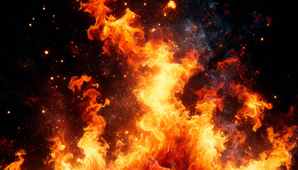 Poster - Energetic fire dance with sparkling embers on a night sky backdrop. Generative AI