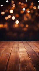 Empty brown wooden floor or wood board table with blurred abstract night light bokeh background.