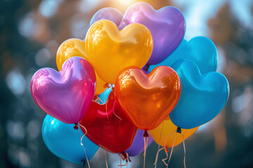 Colorful, heart-shaped balloons in a bouquet.