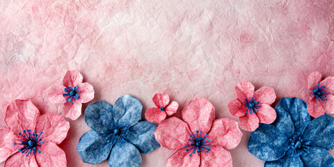 Poster - Handcrafted paper flowers on textured pink background. Craft and decoration concept. Generative AI