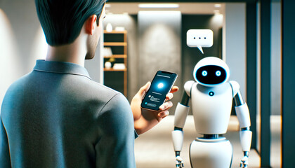 Poster - Individual engaging with an artificial intelligence robot via smartphone in a modern setting. Connectivity concept. Generative AI