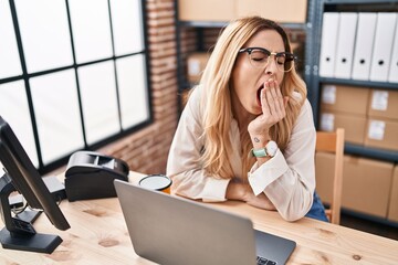 Poster - Young blonde woman ecommerce business worker tired working at office