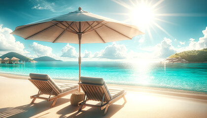 Poster - Luxurious beach setting with sun loungers and umbrella, stunning overwater bungalows. Vacation and serenity concept Generative AI