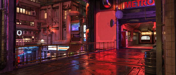 Aufkleber - Wide cinematic panorama of a futuristic cyberpunk city at night. 3D render.