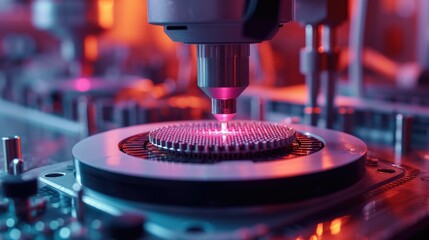 Aufkleber - Close-up of Silicon Die are being Extracted from Semiconductor Wafer and Attached to Substrate by Pick and Place Machine. Computer Chip Manufacturing. Semiconductor Packaging Process. Generative AI.