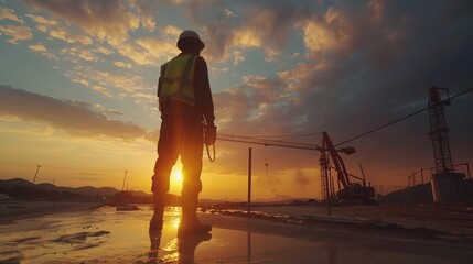 Sticker - construction worker control a pouring concrete pump on construction site and sunset background