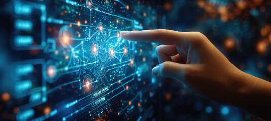 Aufkleber - Hand pointing to digital images on the screen, in the style of abstract structures, navy and azure, busy compositions, scientific diagrams, molecular. Generative AI.