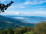 Fototapeta  - Zurich, Switzerland - Oktober 22nd 2023: View towards upper lake Zurich from the surrounding hills