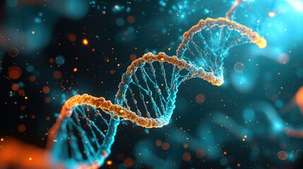 Leinwandbilder - DNA, molecular abstract design in turquoise and orange colors. Generative AI.
