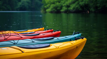 Colorful Kayaks On Rivers Sandy Shore. Multi-colored Kayaks. Kayak Rental. Tourist Entertainment. Kayaks Reflection.