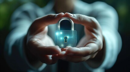 Aufkleber - Digital person holding hand with a lock on the symbol to indicate security, in the style of shaped canvas. Generative AI.