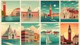 Fototapeta Londyn - Set of Travel Destination Posters in retro style. Paris, France, London, England, Venice, Italy prints. European summer vacation, holidays concept. Vintage vector colorful illustrations