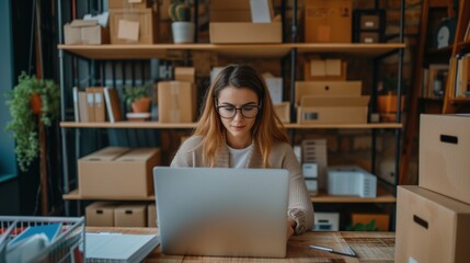 Focused Businesswoman Using Laptop in a Storage Facility