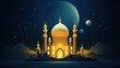 Illustration of Islamic mosque with dome and minarets at night. Eid Mubarak, Eid Al-Fitr and Ramadan Kareem concept background.
