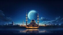 Illustration Of Islamic Mosque With Dome And Minarets At Night. Eid Mubarak, Eid Al-Fitr And Ramadan Kareem Concept Background.