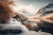 AI generated illustration of a scenic winter landscape featuring a tranquil mountain
