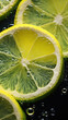 Close up of Lemon and lime slices drop in fizzy sparkling water, juice refreshment.