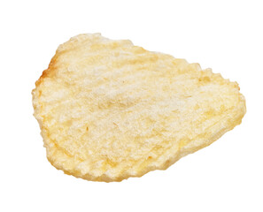 Poster - Close-up of a single, crisp potato chip isolated on a white background with visible texture and golden color.