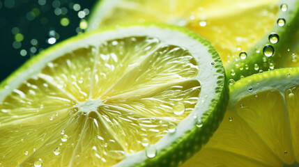 Close up of Lemon and lime slices drop in fizzy sparkling water, juice refreshment.