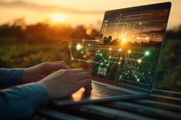 Farmer using a laptop, application of new technologies in agribusiness