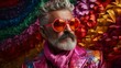 Mature LGBTQ man with silver hair posing confidently with a vibrant pink and orange feather boa and orange sunglasses.
