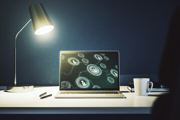 Poster - Modern computer display with social network icons concept. Networking concept. 3D Rendering