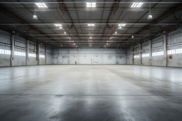 Concrete floor inside industrial building. Use as large factory, warehouse, storehouse, hangar or plant.