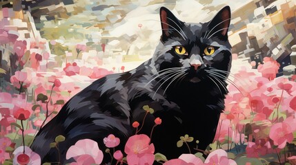 Wall Mural - A painting of a black cat sitting in pink flowers, AI