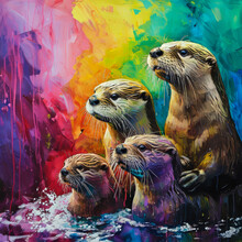 Otter Family Painting.  Generated Image.  A Digital Rendering Of A Painting Of An Otter Family In A Stylized Manner.