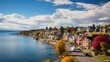 A top view of a vibrant rainbow spanning across a serene coastal town, with fluffy clouds and colorful houses, inviting you to explore its charming streets