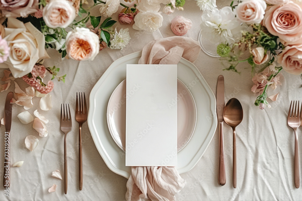 An opulent wedding reception table set with a pristine white floral ...