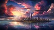A top view of a vibrant rainbow stretching over a bustling cityscape, with fluffy clouds contrasting against the urban skyline, creating a captivating and colorful panorama