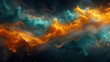 Dynamic swirls of fiery orange, cosmic teal, and glistening gold smoke converging on a pitch-black background, forming a bold and energetic abstract spectacle. 