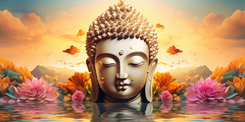 Wall Mural - Golden buddha decorated with paper cut colorful flowers and clouds