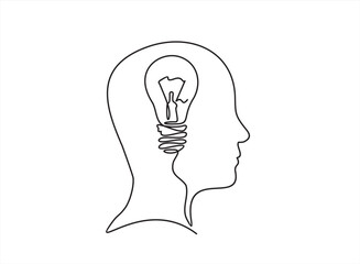 Continuous one line drawing light bulb symbol idea.The concept of thinking ideas inside the person's head