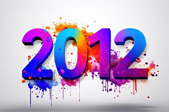 2012 Happy New Year celebration banner with colorful 3D numbers made of colorful paint splashes isolated on white background,, Generative AI
